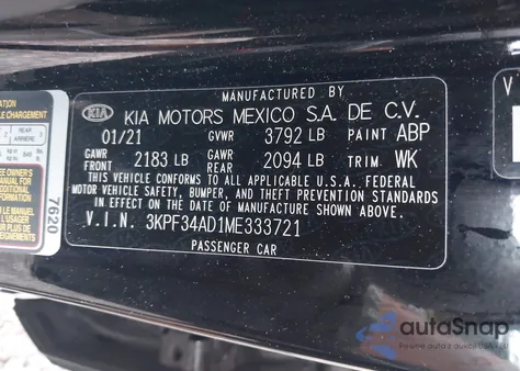 2021 Kia Forte Gt Line from USA, damaged, VIN 3KPF34AD1ME333721